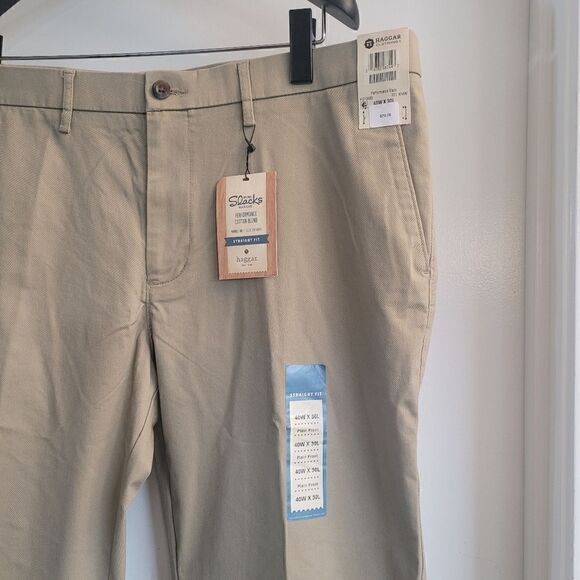 Haggar performance cotton blend flat front straight fit khaki  pants - Picture 2 of 8